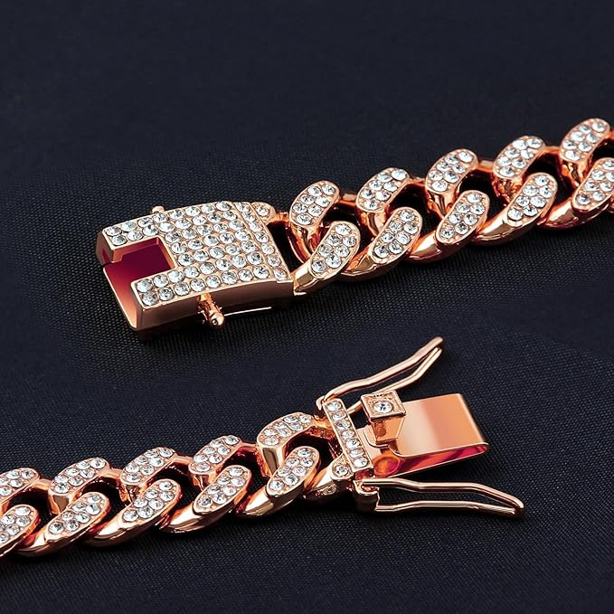 Cuban Link Cat Collar Rose Glod Crystal Dog Necklace Metal Chain Collar with Design Secure Buckle Pet Collar Jewelry Accessories for Small Medium Large Dogs Cats(Rose Glod 10inch)