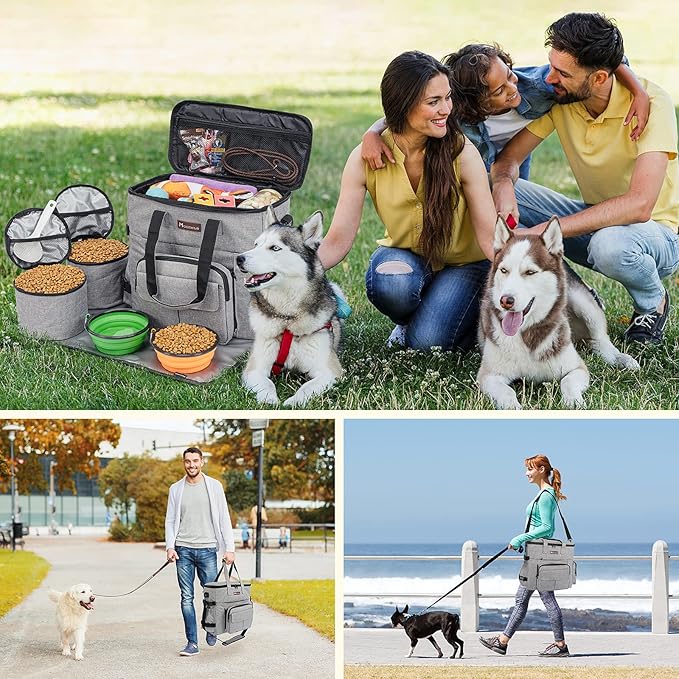 Modoker Dog Travel Organizer with 2 Collapsible Bowls for Supplies & Accessories, Airline Approved Dog Tote Pet Travel Bag with 2 Travel Food Container