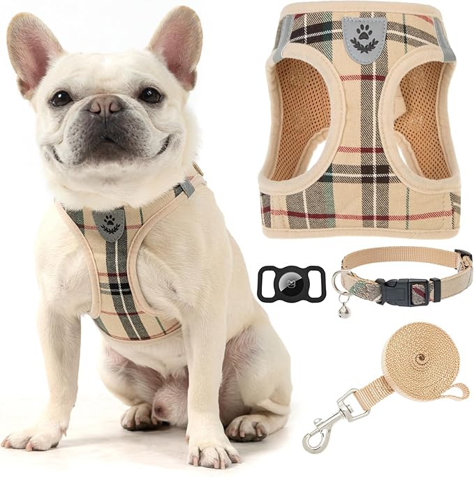 EXPAWLORER Plaid Small Dog Harness and Leash Set with AirTag Holder - Soft Padded Step in Dog Vest Harness Medium Sized Dog, No Pull Reflective Puppy Harness, Collar and Leash for Walking, Khaki XXS