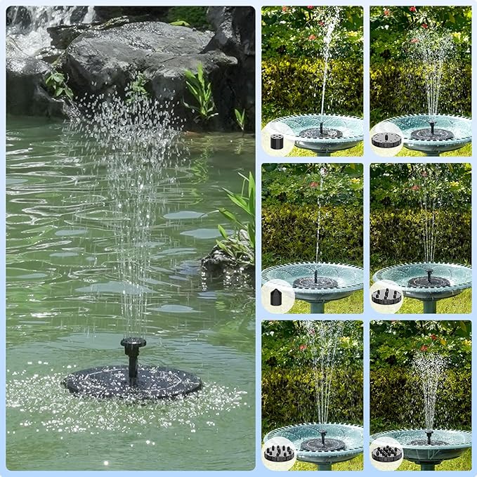 2.5W Solar Bird Bath Fountain Pump, Solar Fountains, Solar Powered Water Fountain with 6 Nozzles and Fixer for Bird Bath, Outdoors, Fish Tank, Pond, Pool and Garden