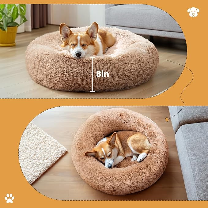 DUMOS Donut Dog Bed, Washable Dog Couch Bed with Removable Cover, Waterproof Pet Bed for Small Size Dogs, Memory Foam Pet Bed Non-Slip Base, Brown