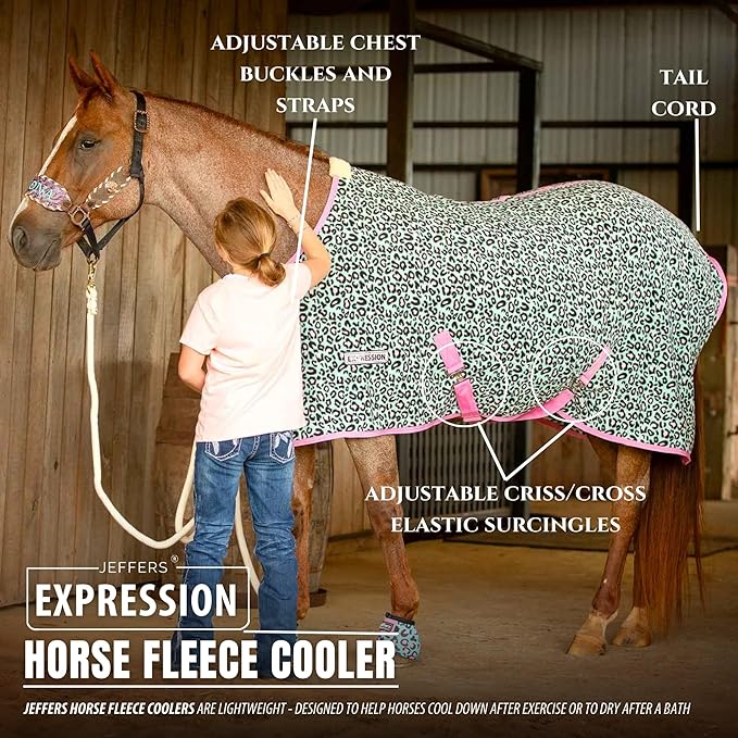 Jeffers Expression Fleece Cooler for Horses, Standard Neck, Party Cheetah 81"- Equine Towel Blanket, Moisture Absorbent, Light Weight, Best for Drying, Exercise, Bathing, Adjustable Belly Bands