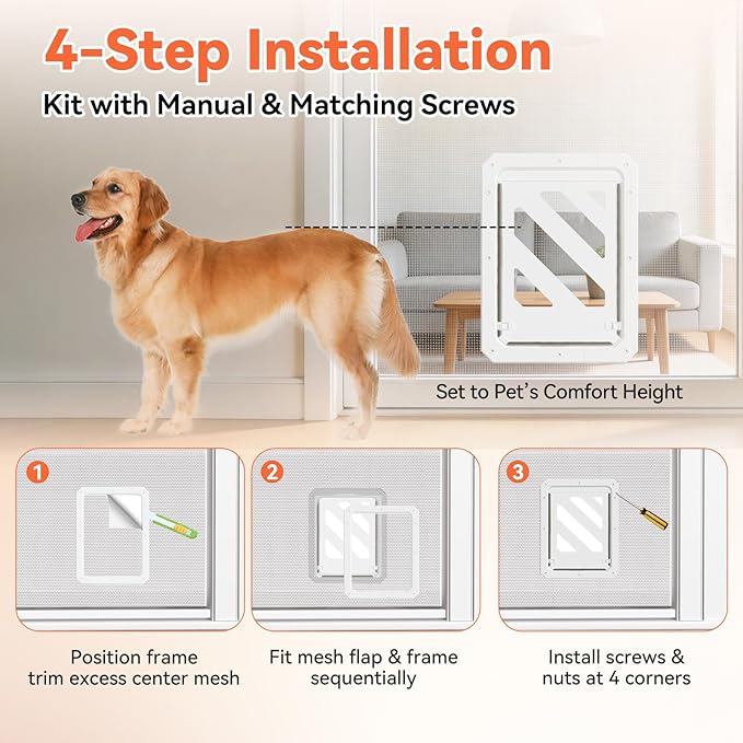 LIBBEPET Dog Door for Screen Door, 2-Way Lock Dog Screen Door with Magnetic Closure, Reinforced ABS Frame Pet Screen Door for Dogs Up to 50 lbs, Inner Passage 10 x 13 Inches, White