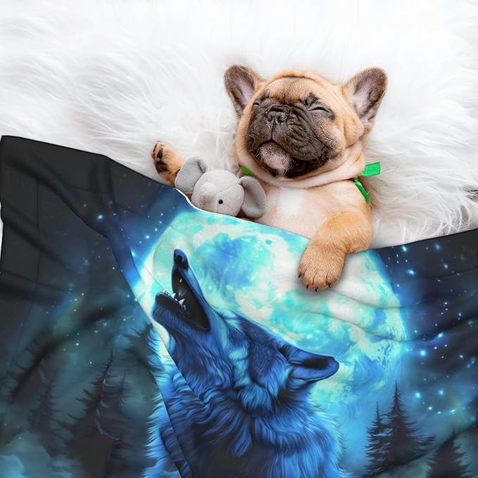 Wolf Blanket for Pet - Animal Throw Blanket 40x30 Moon Night Couch Blankets for Puppy Dogs Cats