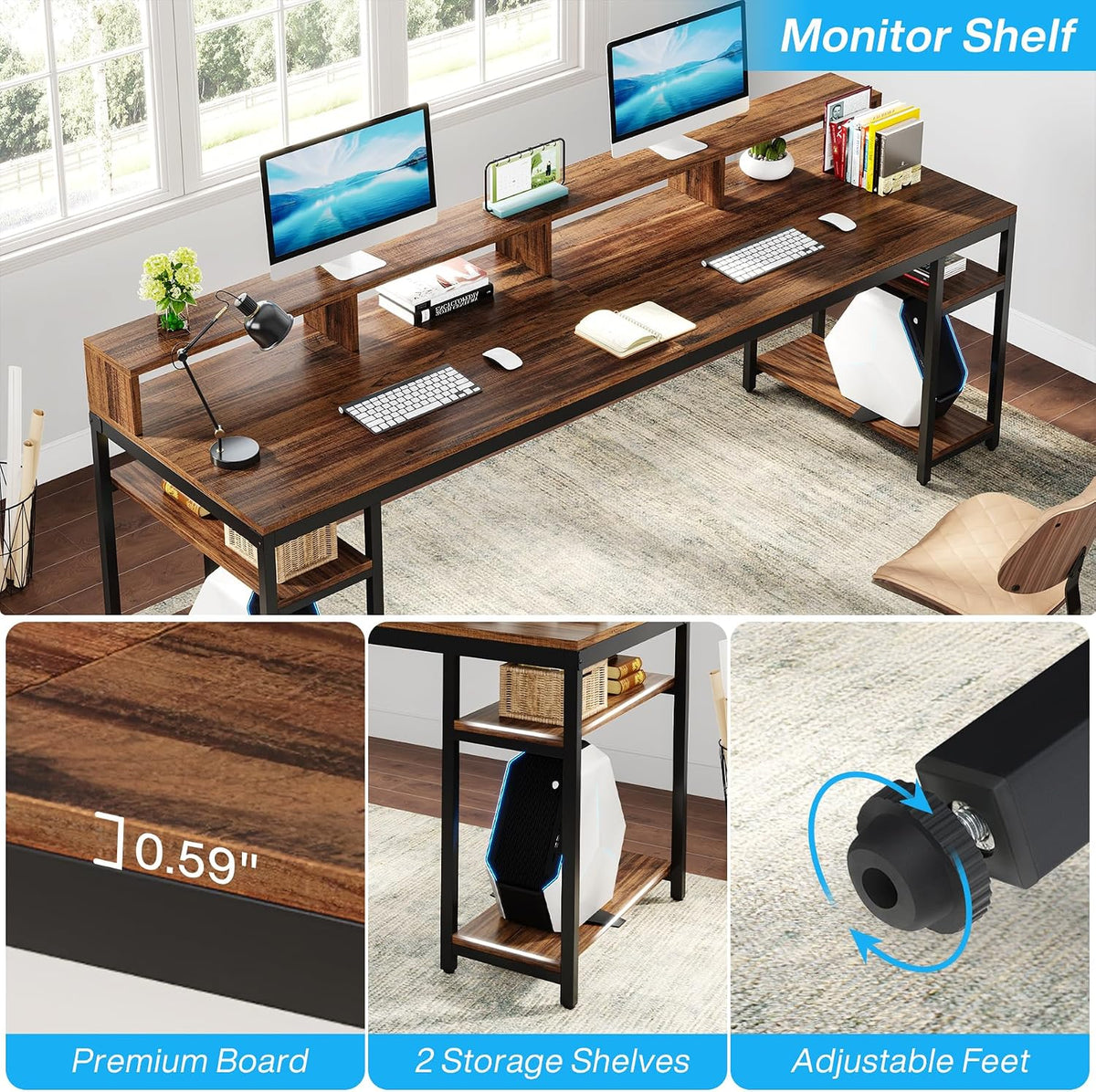 Tribesigns Two Person Desk with Monitor Stand, 78.74" Long Double Computer Office Desk with Storage Shelves, Large Gaming Study Writing Table Workstation for Home Office (Rustic Brown)