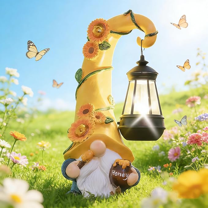 Mom Birthday Gifts-Garden Gnome Statue with Solar Lights Large Garden Sculptures Funny Triple Gnome Outdoor Patio Lawn Yard Garden Decor Gifts for Women Mom 12 in Spring Gnomes Outdoor