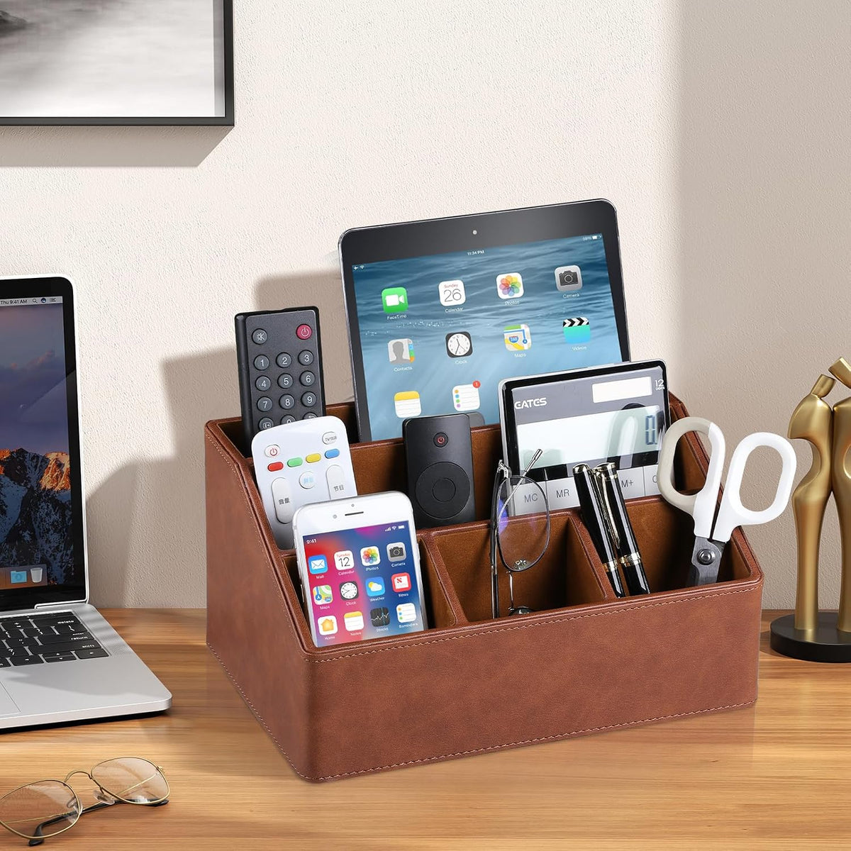 PU Leather Desk Organizer, Remote Control Holder (Brown)