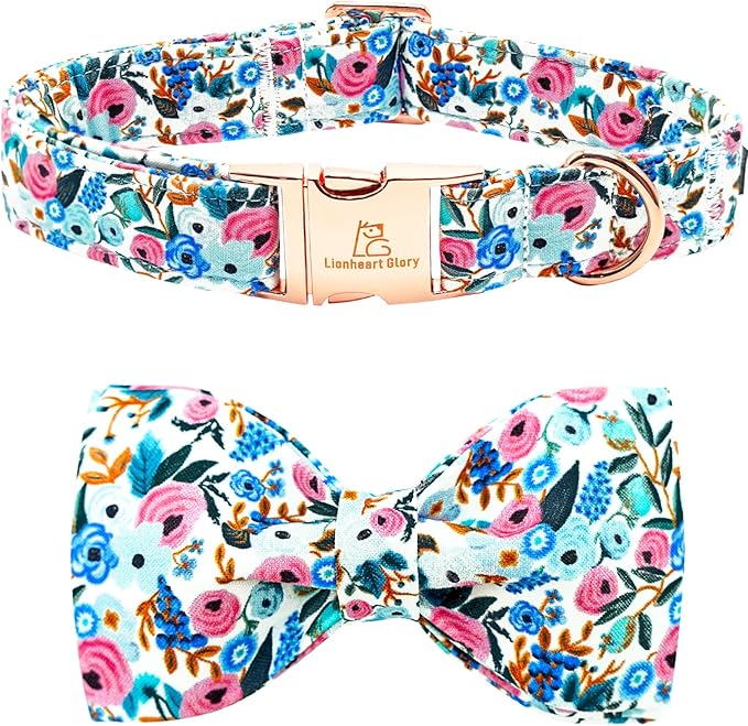 Lionheart glory Dog Collar Bow Collar Floral Dog Collar with Bow Tie Spring Summer Cute Collar Dog Boy or Girl Dog Collars Soft Durable Adjustable Dog Collars for Medium Dogs