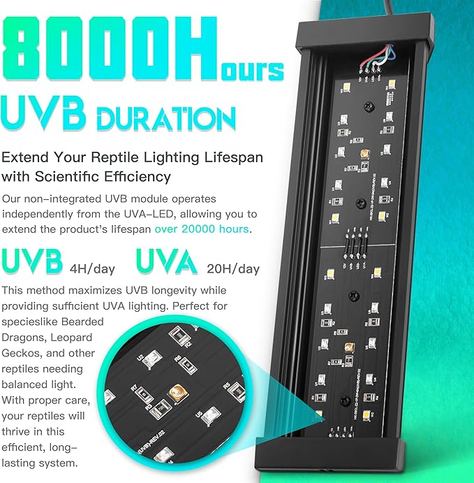 Dimmable LED Reptile UVB Lamp, 8000 Hours UVB Duration for Much Longer Lifespan, Adjustable 4/8/12-Hour Cycles, Suitable for Gecko, Chameleon, and Bearded Dragon, 8W, M Size