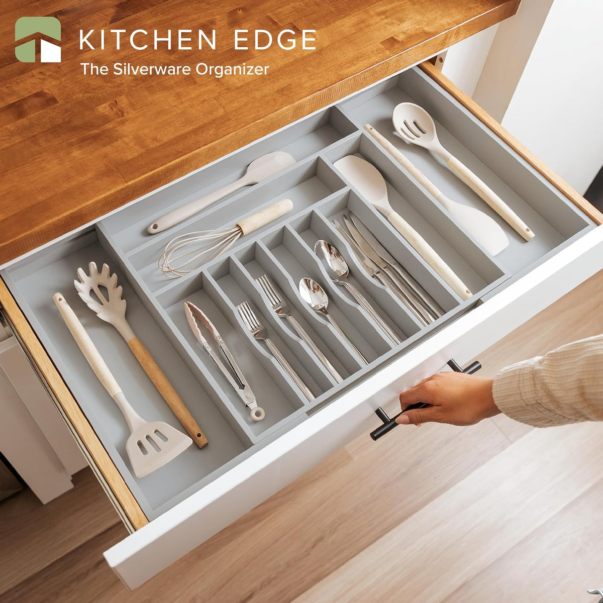 KitchenEdge Silverware & Utensil Drawer Organizer, 18-33 in, Gray Bamboo