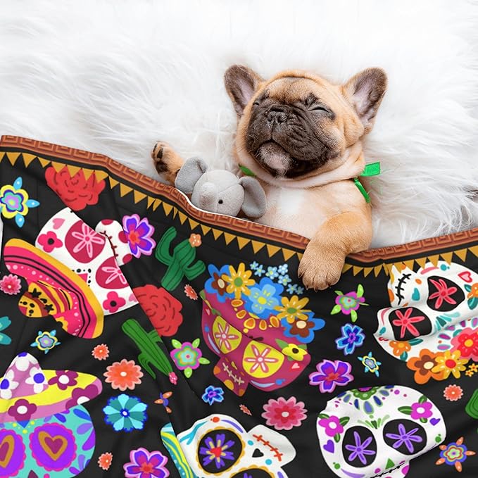 Mexican Blanket for Pet - Floral Skeletons Throw Blanket 40x30 Skull Couch Blankets for Puppy Dogs Cats