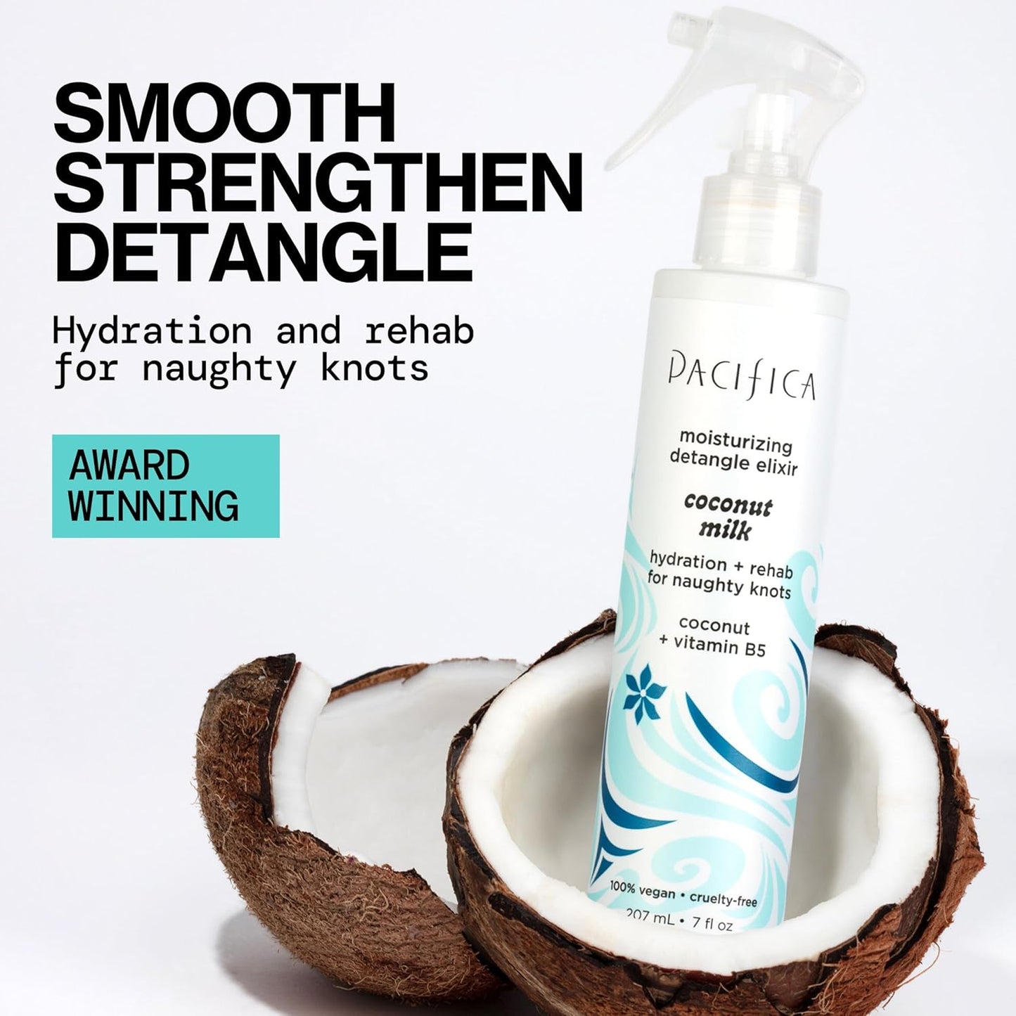 Pacifica Coconut Milk Hair Detangler Spray - Leave In Conditioner Spray, Detangling Elixir Suitable for All Types, Fine and Curly Hair Products, Smoothing, Moisturizing, and Anti-Frizz - 207 mL