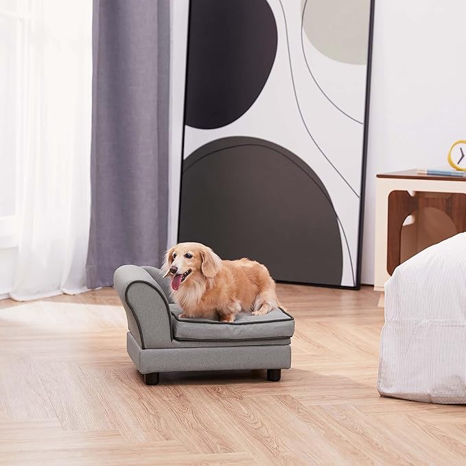 Teamson Pets Ivan 22 Inch Long Upholstered Chaise Lounge Sofa Dog Bed with Removable Cushion and Underneath Storage for Cats & Small Dogs, Light Gray