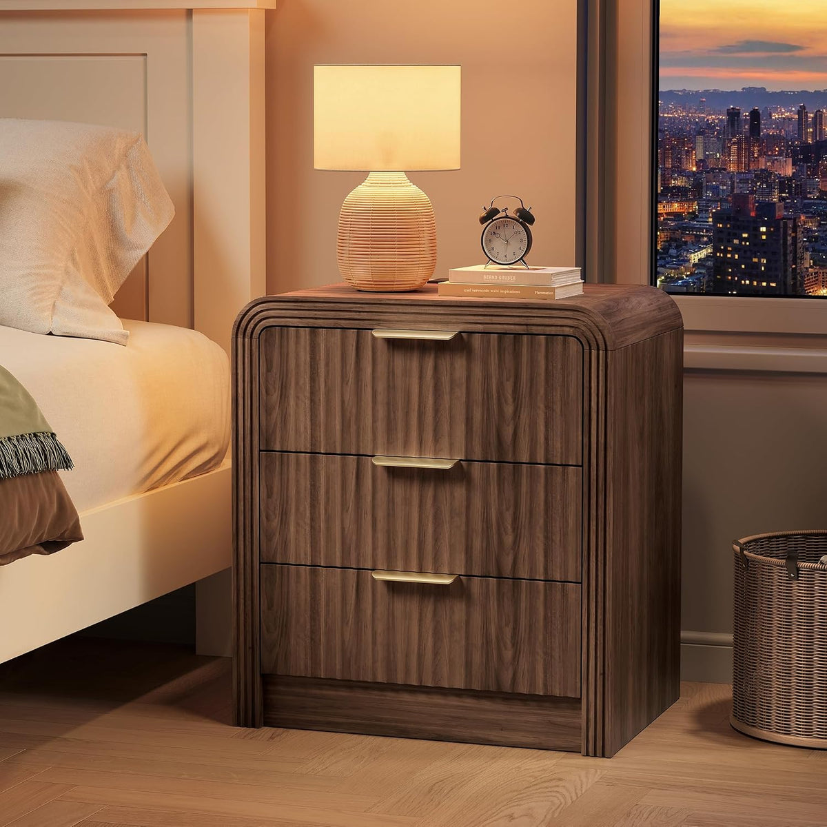 Decofy Fluted 3-Drawer Nightstand Set of 2 with Charging Station, Walnut