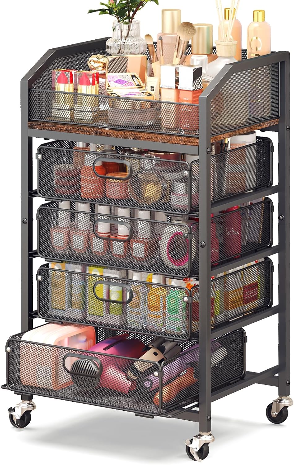 Goovilla Rolling Makeup Organizer Cart with Drawers, 5 Tier Metal, Black