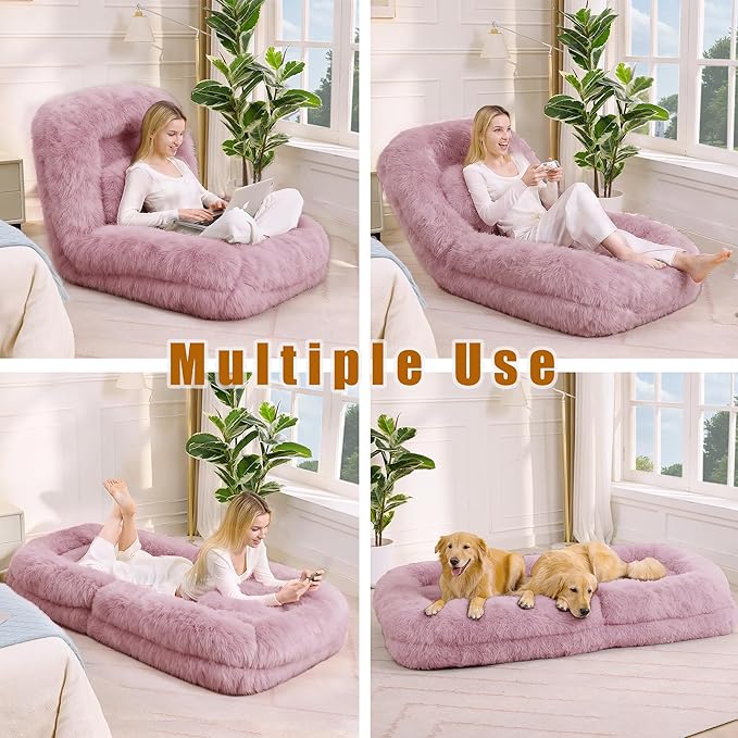 Human Dog Bed for Adult and Kids, Comfy Foldable Lazy Floor Sofa Bed with 5 Adjustable Position, Pink Upholstered Floor Bean Bag Lounger Chair for Bedroom, Living Room,Office (Pink)