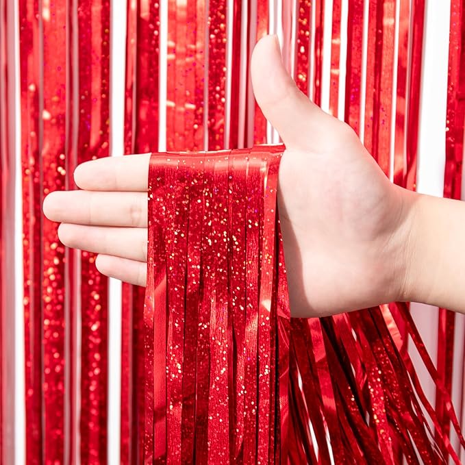 3 Pack 3.3 x 8.2 ft Laser Red Foil Fringe Backdrop Curtains, Tinsel Streamers Birthday Party Decorations, Fringe Backdrop for Graduation, Baby Shower, Gender Reveal, Disco Party