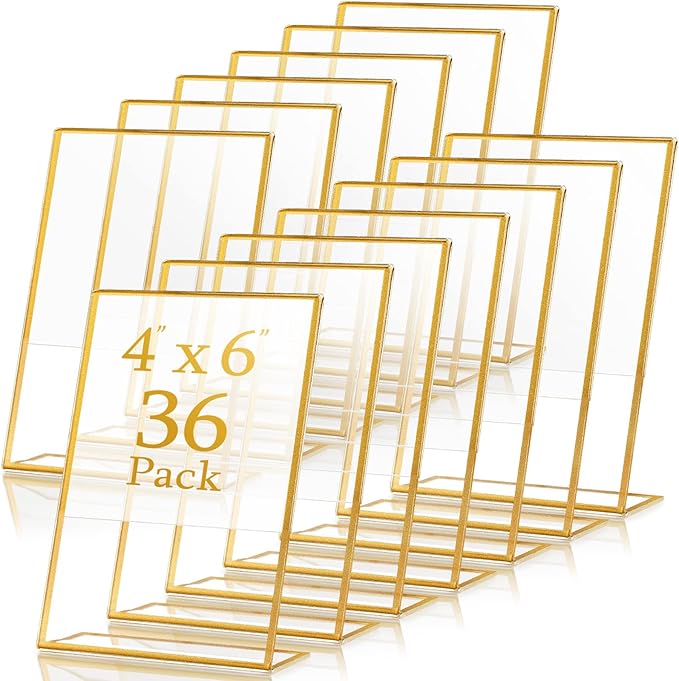 36 Pack Acrylic Sign Holder Gold Frame Table Numbers Slanted Back Menu Display Stand Clear Flyer Document Photo Display Holders Plastic Table Signs for Wedding Office(Vertical Style,4 x 6 Inch)