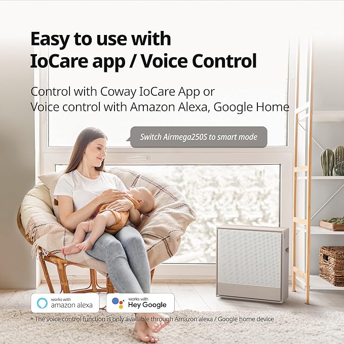 COWAY Air Purifiers for Home Large Room Up to 1,860 ft², Washable Pre-Filter and HEPA Filter for Smoke, Allergies, Pet Dander, Odor, AQI, App Control, Smart, 3yr Warranty, Airmega 250S Wifi