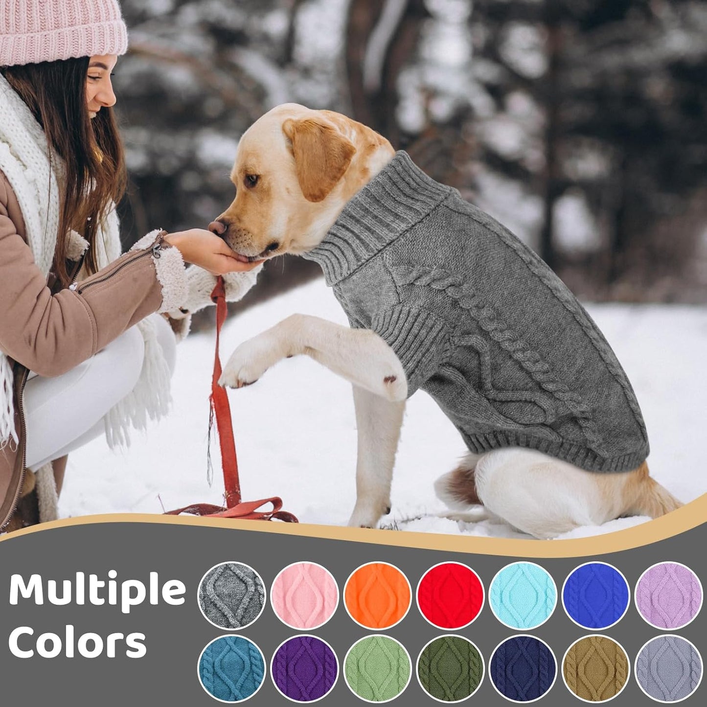 Queenmore Small Dog Pullover Sweater, Cold Weather Cable Knitwear, Classic Turtleneck Thick Warm Clothes for Chihuahua, Bulldog, Dachshund, Pug (Slate Grey, Medium)