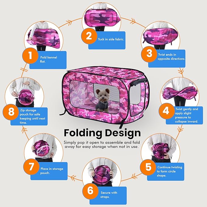 Beatrice Home Fashions Portable, Collapsible, Pop Up Kennel Travel Cat and Dog Crate, 32.5" L x 19.5" W x 19.5" H, Camo Pink