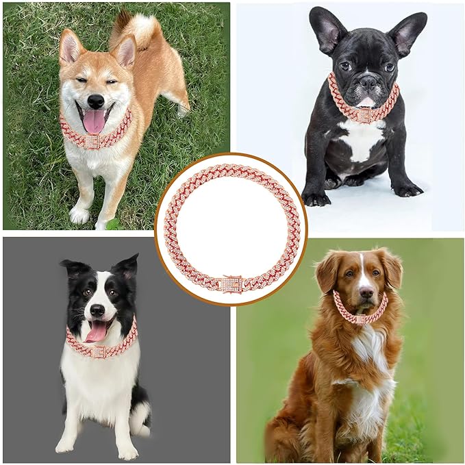 Cuban Link Dog Chain Collar Rose Gold Crystal Dog Necklace Metal with Design Secure Buckle Pet Collar Jewelry Accessories for Small Medium Large Dogs Cats(Rose Glod 20inch)