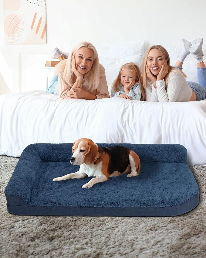 30'' x 20'' x 3.2'' L-Shaped Orthopedic Dog Beds, Small Dogs Bed with Removable Cover and Nonskid Bottom, Navy Blue