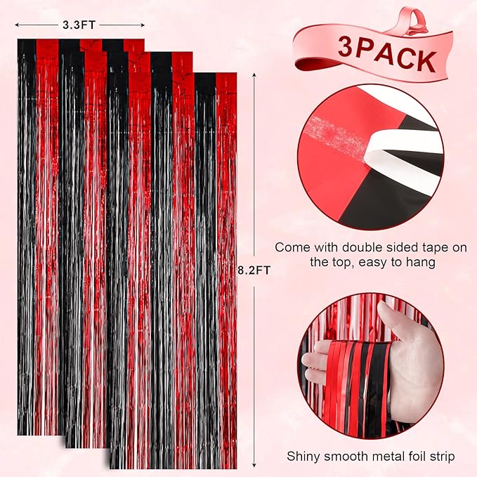 3 Pack 3.3x8.2 Feet Red and Black Foil Fringe Backdrop Curtains, Tinsel Streamers Birthday Party Decorations, Fringe Backdrop for Graduation, Casino, Red Carpet, Halloween Party