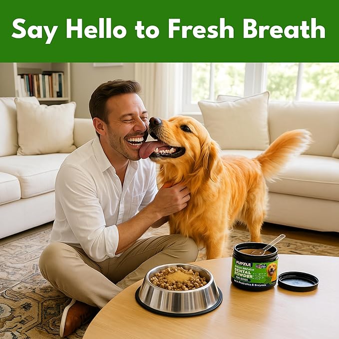 Pupzle Dog Teeth Cleaning Powder for Fresh Breath, Dog Dental Powder, Tartar & Plaque Focused, Natural Breath Freshener, Pet Dental Supplement with Probiotics for Gut Health, Mint, 60 Days Supply