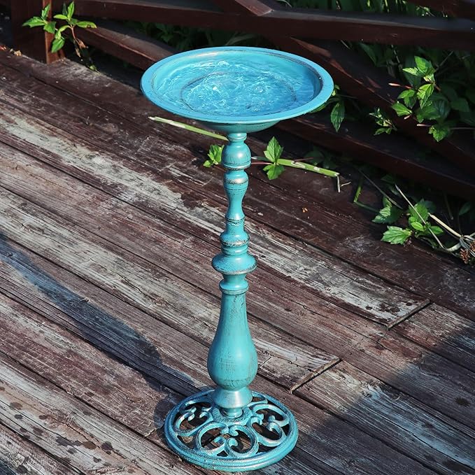 26.6”H×12.3" W Cast Iron Pedestal Bird Bath，Metal Birdbaths Bird Feeder Seed Tray for Garden Yard Decor -Blue.