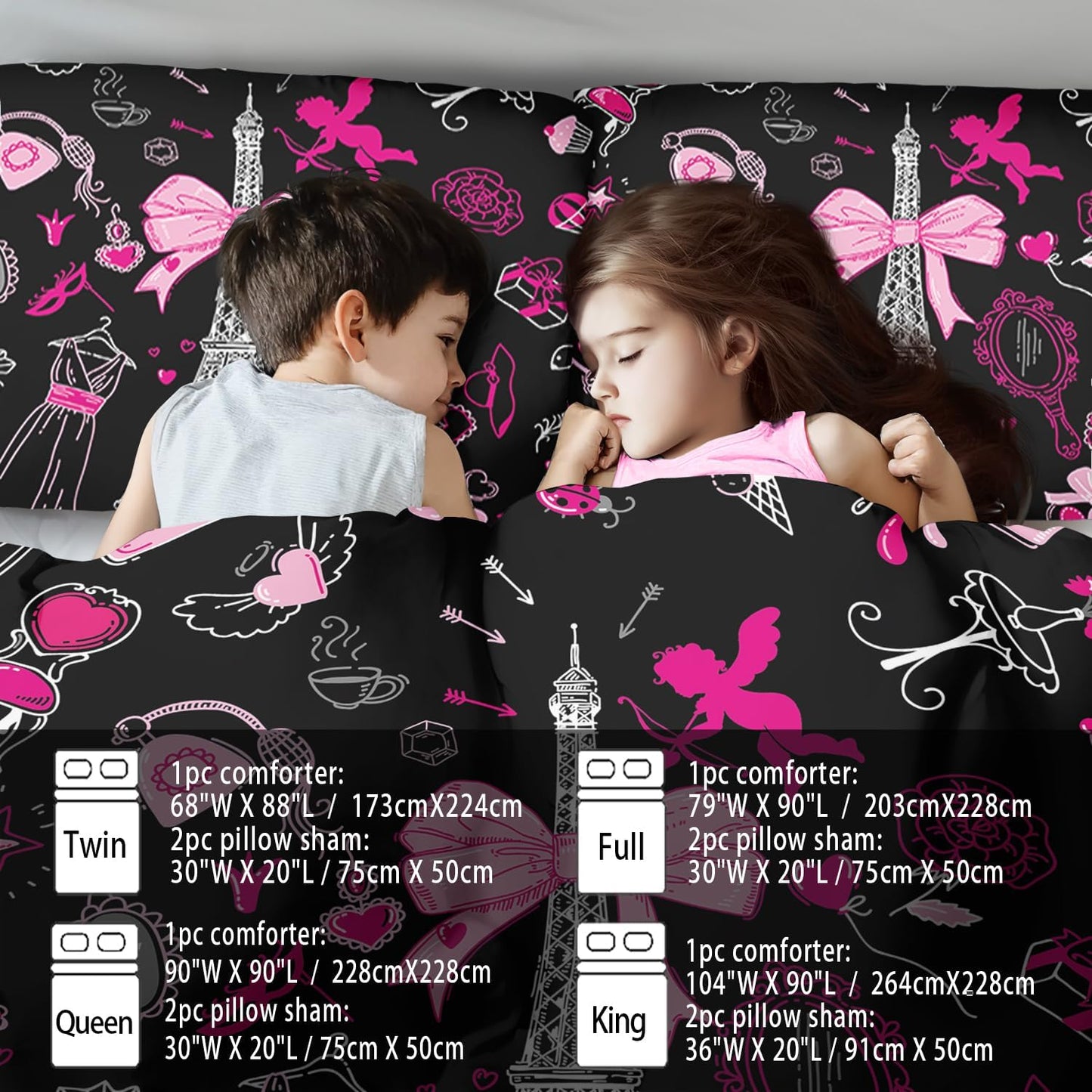 Eiffel Tower Comforter Set Queen Size,Eiffel Tower Bedding Set for Girls, Pink and Black Paris Themed Comforter Bedroom Decor,Paris Quilt French Style Romantic Bedding