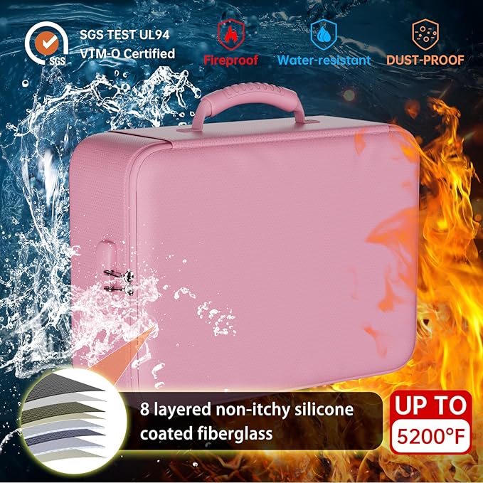 DocSafe 5200°F Document Organizer with Lock,Upgraded Heat Insulated Fireproof＆Waterproof Box 8 Layers File Organizer,Portable Home Travel Safe Storage for Important Documents, Files,Pink (Soft)