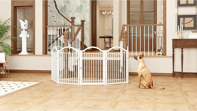BHG Metal No-Assembly Freestanding Dog Gate with Door Walk Through, Extra Wide 144", Extra Tall 32" Pet Gate, Accordion Puppy Folding Playpen Dog Fence, with 2PCS Support (White, 6 panesl)
