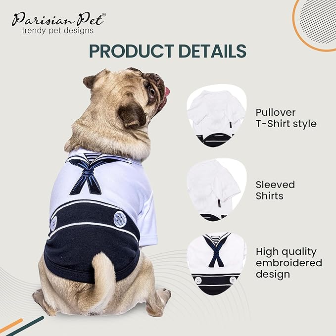 Parisian Pet Sailor Dog Costume - Embroidered Sleeved Dog Shirt - 100% Cotton & Polyester - Blue & White - XL