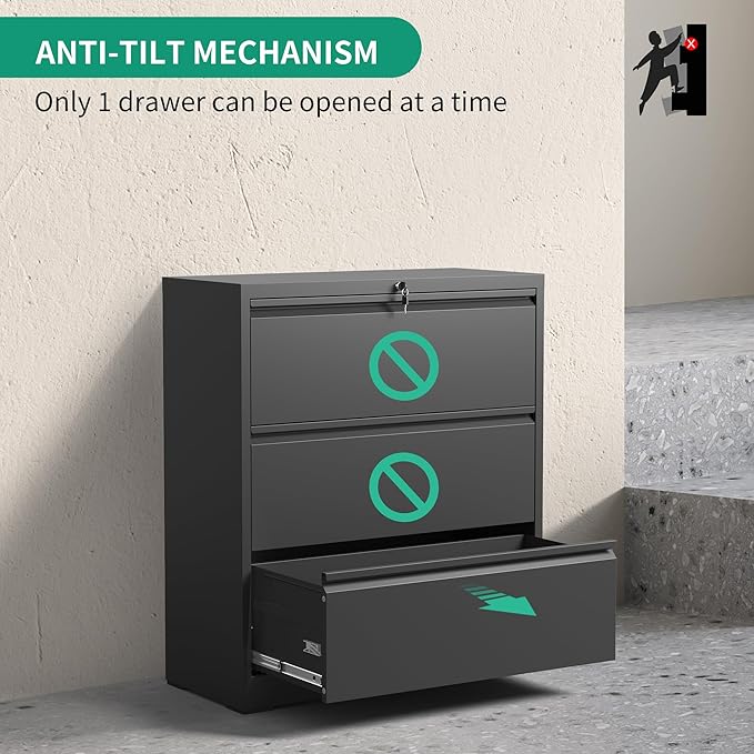 3 Drawer Lateral File Cabinets with Lock,Black Metal Lateral Filing Cabinet for Home Office,Wide Steel Storage Cabinet Commercial Drawer Cabinets for Legal/Letter/A4 Size Files Assembly Required