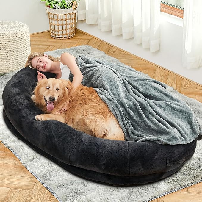 Human Dog Bed - 72"x48"x10" Large Gaint Shared Bed for Adult - Flufelbed Standard Cloud Bed for Humans and Dogs - Nap Bed Bean Bag Bed Faux Fur Fluffy Orthopedic Pet Bed Large Black