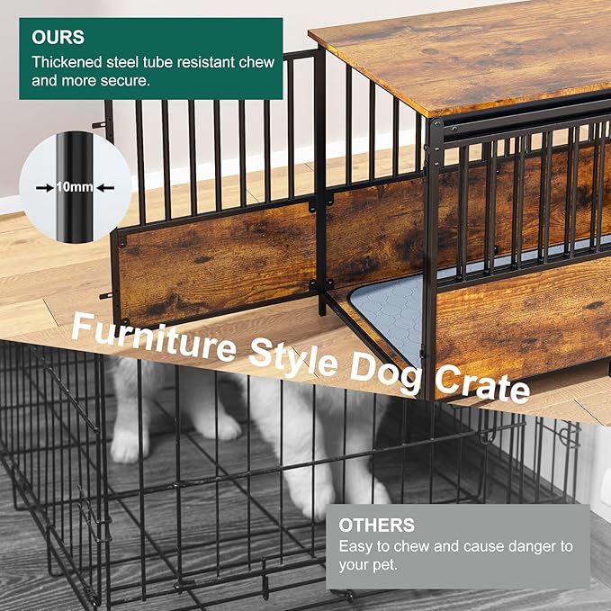 40 Inch Dog Crate Furniture with Cushion for Large Medium Dogs, Heavy Duty Dog Kennel with Double Doors, Decorative Indoor Pet Cage Side End Table with Sliding Door, Chew-Resistant, Brown