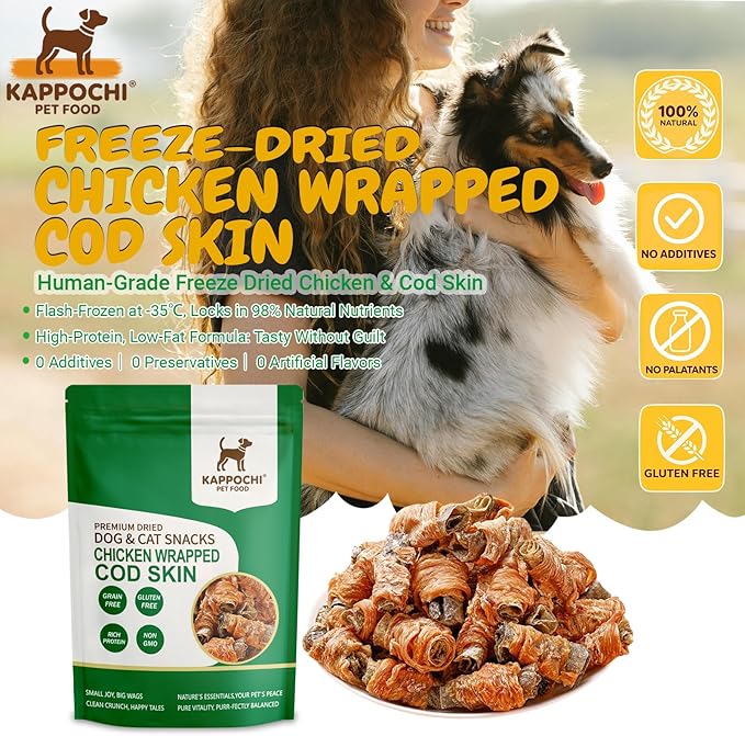 Freeze Dried Chicken Wrapped Cod Skin Dog Treats, Rich in Omega-3, 2.8 Ounce (80.0g), Single Ingredient, High Protein Training Treats, Natural & Raw, No Additives, Grain Free, Gluten Free