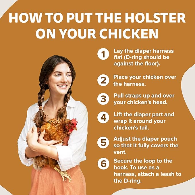 Hen Holster Wrap-Around Bird Diaper & Harness for Hens, Roosters, Ducks, Geese - with Removable Vinyl Liner, Adjustable Fit for Outdoor Adventures & Indoor Use - Easy to wear - Large, Tiger