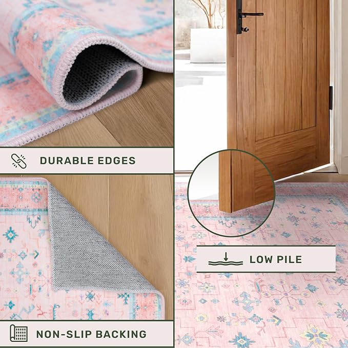 Pink Rugs for Bedroom Girls, 5x7 Washable Area Rug for Living Room Nursery Kids
