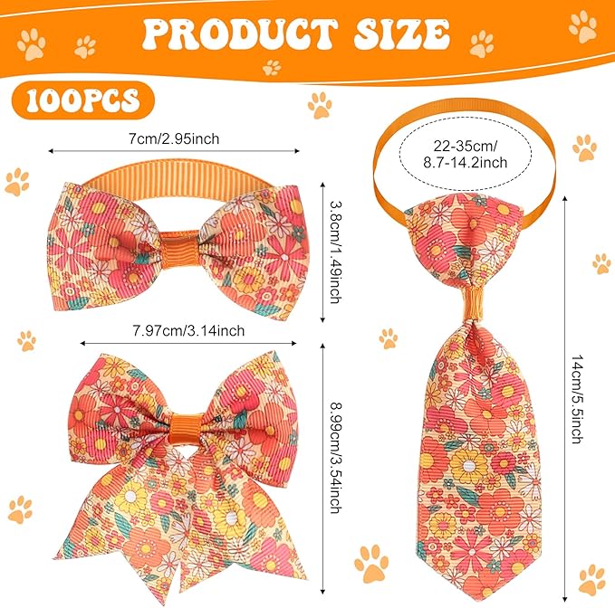 Reginary 100 Pieces Dog Bow Tie Collar Set Include 40 Dog Neckties, and 30 Puppy Bowties, 30 Collar Flowers, Adjustable Pet Ties Grooming for Small Medium Cats Pets Supply(Flower)