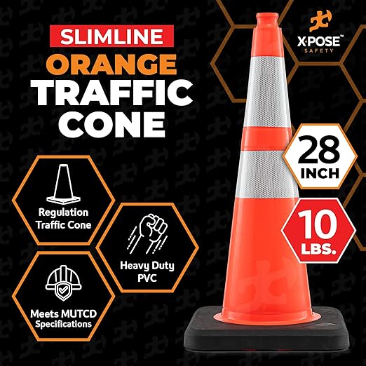 Xpose Safety 28 Inch Orange Slim Line Traffic Cones Heavy Duty 10lb with 6" & 4" Collars, 12 Pack Multipurpose PVC Plastic Safety Cone for Parking, Soccer, Caution, Kids & Construction - DOT Approved