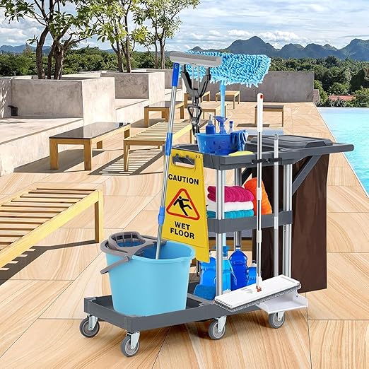 Commercial Traditional Janitorial 3-Shelf Cleaning Cart, Janitorial Carts on Wheels with Cover and Vinyl Bag, Custodial Cart, Housekeeping Carts for Hotels, Stores, Schools, and Business