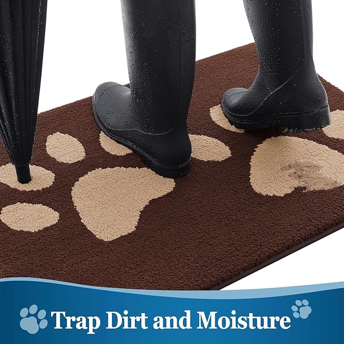 Buganda Dog Door Mat for Muddy Paws, Absorbent Dirt Trapper Washable Indoor Doormats, Non Slip Low-Profile Mud Mat for Dogs, Front Entrance Doormat for Inside Floor (30x20 Inches, Brown)