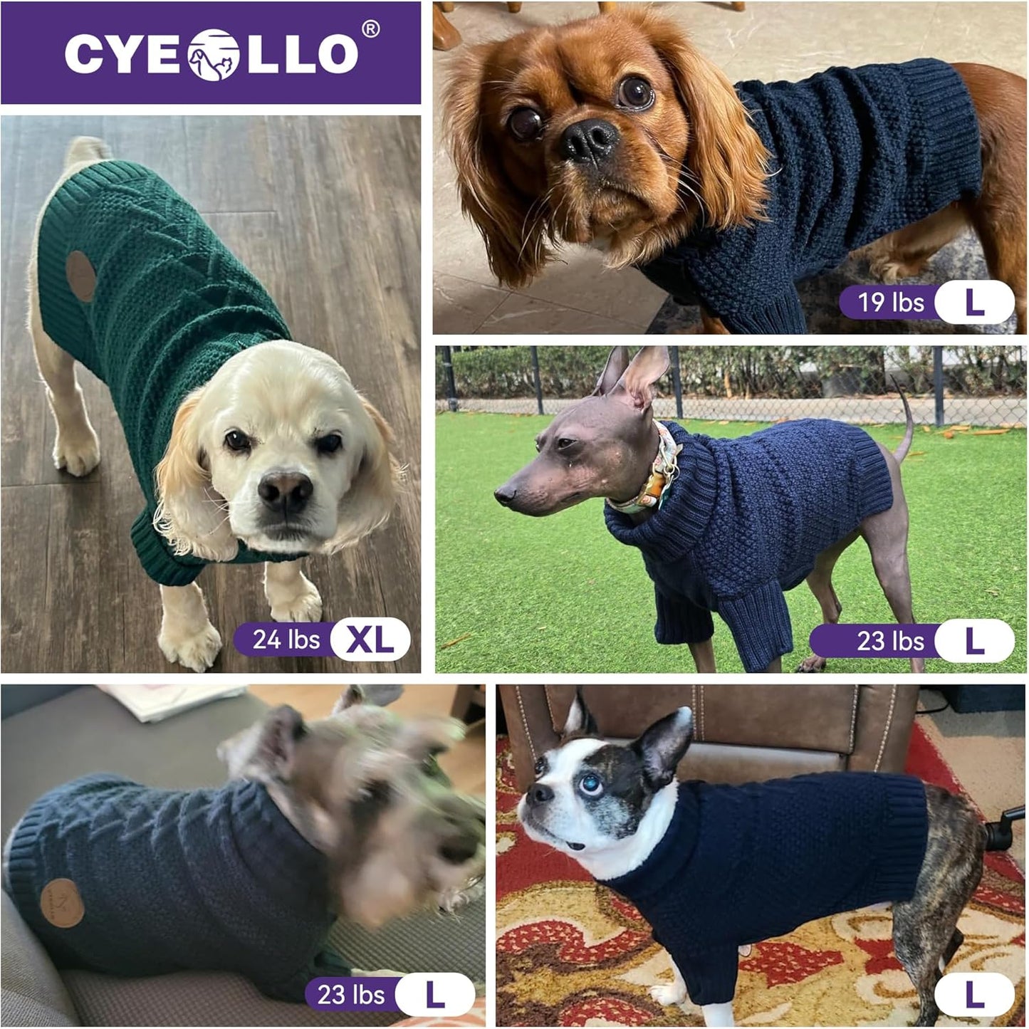 cyeollo Small Dog Sweater, Warm Stretchy Sweaters for Small Dogs Girl, Pullover Knitted Thermal Winter Big Dog Clothes with Sleeves, Turtleneck Pet Beagle Border Collie Apparel, Aqua Green L