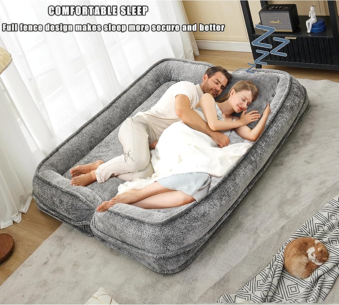 Double Human Dog Bed for Adult and Kids, Comfy Foldable Lazy Floor Loveseat Sofa Bed with 5 Adjustable Position, Upholstered Floor Bean Bag Lounger Chair for Bedroom, Living Room, Office (Gray .)