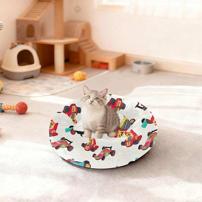 Dog Bed Race Cars Sleeping Pet Bed with Anti-Slip Bottom for Small Medium Dogs and Cats, Round Calming Sleeping Washable Puppy Beds 20 in
