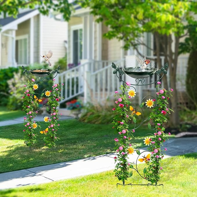 HONGLAND 36.5" Metal Bird Bath with Trellis, Outdoor Garden Birdbath with Detachable Bowl & Climbing Plant Support, Decorative Bird Feeder Station with Bee for Yard, Patio, Fence