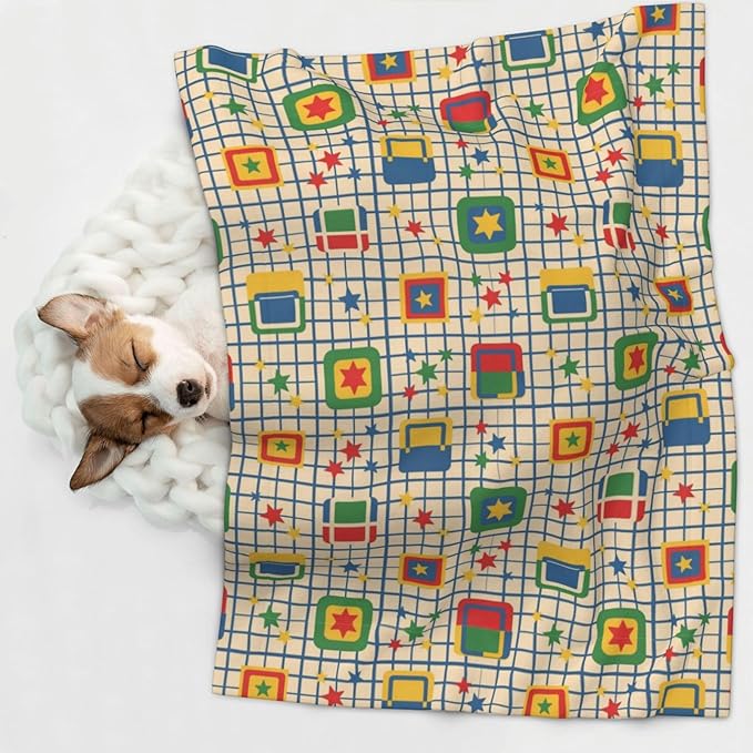 Pet Blanket for Indoor Outdoor Use, Abstract Mid Century Modern Grid, Two Sided Reversible Plush Mat with Bumpy Dot Texture for Patios Crates Portable Bed Companion