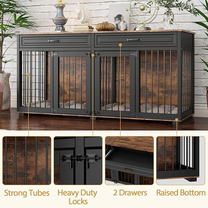 Furniture Style Dog Crate, 64.6 Inch Wooden Large Dog Kennel with Drawers & Divider, Indoor Dog House Furniture with Double Rooms for Medium Small Breeds, Brown+Black